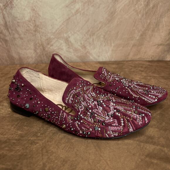 Sam Edelman Avalon Studded Flats Maroon Burgundy Bird Embroidered Suede Womens 8 - Picture 1 of 14